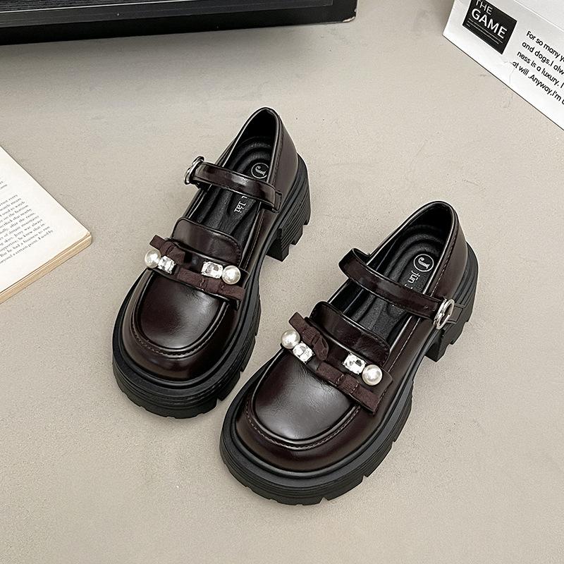 Platform British Style Small Leather Shoes Women's Versatile Single Shoes Bow One-word Buckle Japanese Jk Shoes Heightening Thick Heel Loafers