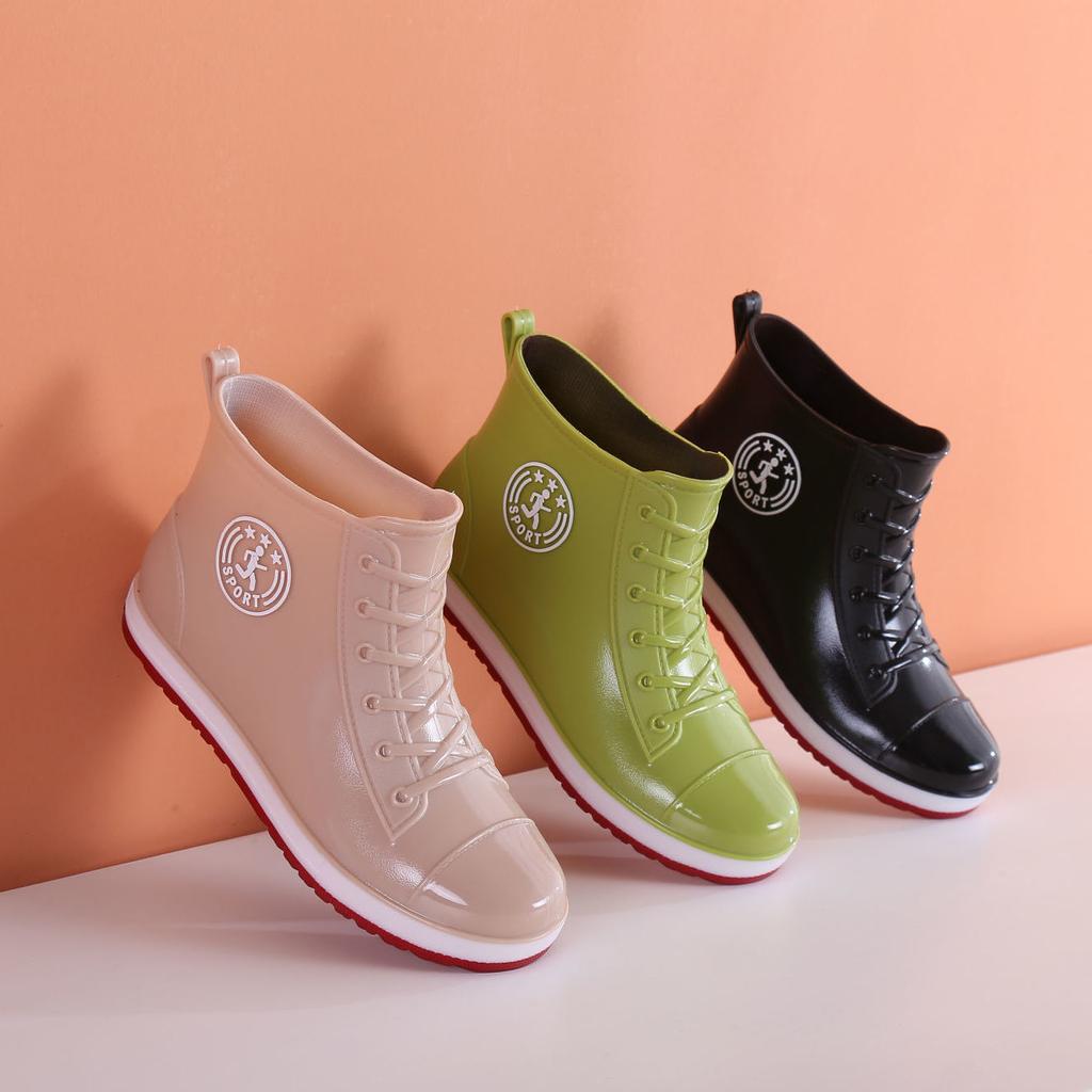 All Season Black Rain Booties Non-slip Rubber Water Shoes for Women Designer Faux Zipper Rainboots Shoes Female Jelly Rainshoes