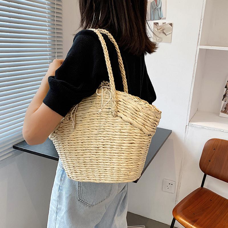 Summer Straw Bag Women Weave Handmade Handbag Drawstring Handle Bag Large Capacity Wave Point Tote Bag Shopping Bags ARI