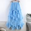 Women Cake Skirt Mid-rise Elastic Waist Irregular Hem Midi Skirt Solid Color Mesh