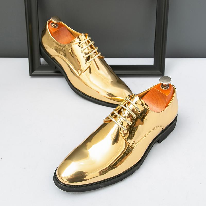 Britain Fashion Men's Pointed Mirror Pu Leather Gold Silver Casual Dress Homecoming Shoes Male Formal Wedding Oxfords Footwear