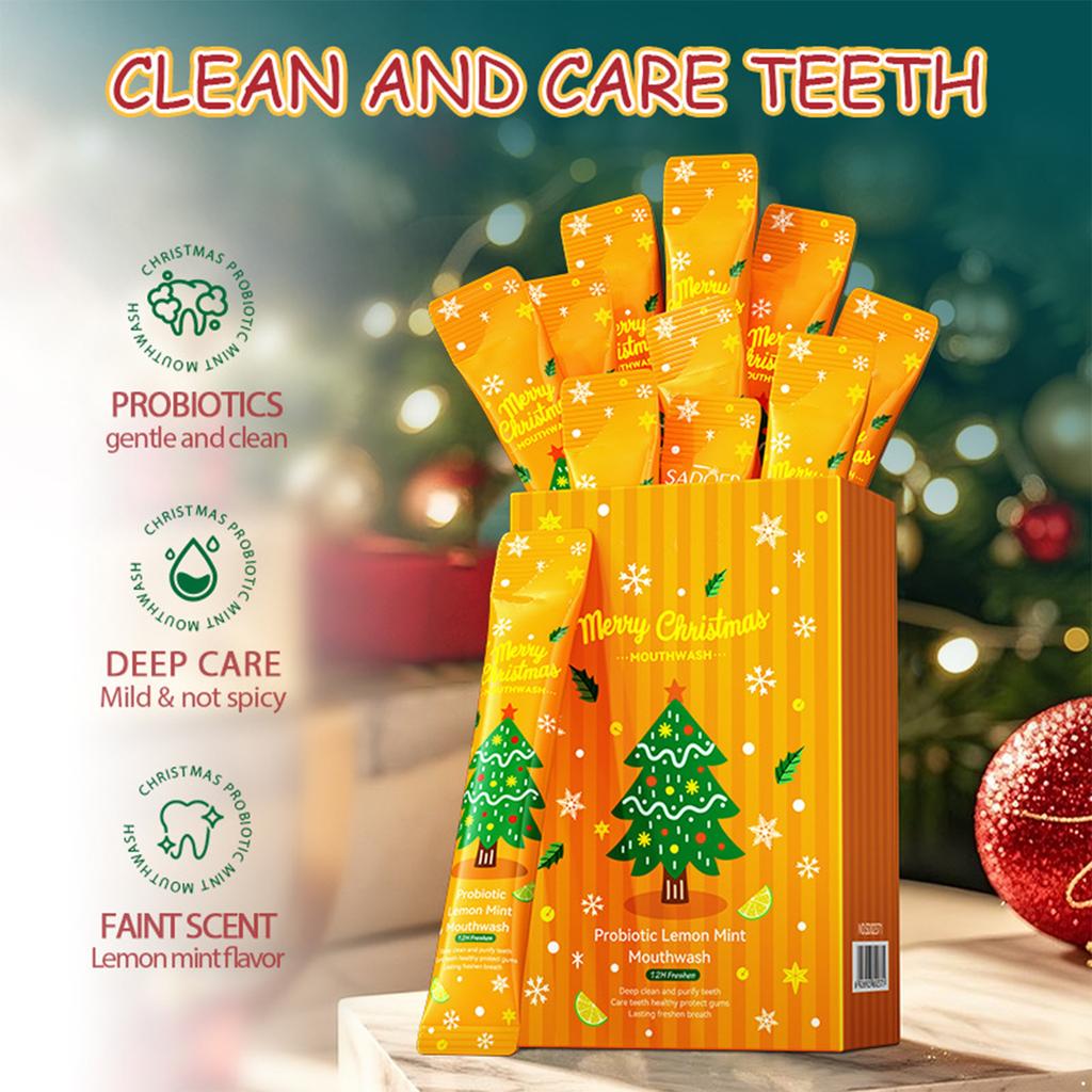 20 Pcs 10ml Christmas Mouthwash Green Lemon Mint Flavored Probiotics Oral Rinse for Long Lasting Fresh Breath Dental Care Travel Size