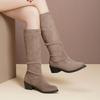 Fashion Pointed Toe Pleated Boots Women Black Nude Faux Suede Flock Knee High Boots Ladies Low Chunky Heel Cowboy Boots Plus Size 2024