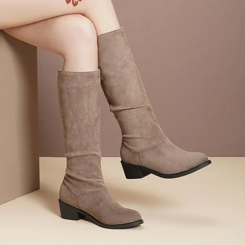 Fashion Pointed Toe Pleated Boots Women Black Nude Faux Suede Flock Knee High Boots Ladies Low Chunky Heel Cowboy Boots Plus Size 2024