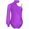 Girls Dance Leotard One Shoulder Design Mock Neck Long Sleeve Ruched Mesh Overlay Performance Bodysuit