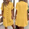 Summer Women Dress Single-breasted Loose Short Color Patch Sleeves Loose Solid Turn-down Collar Pocket Knee Length