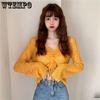 Girl's Hollow Out Solid V-Neck Knitwear Spring Long Sleeve Loose Thin Casual Knitted Tops Drawstring Sunscreen Pullovers