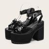Gdgydh Platform Heels for Women Patent Leather Goth Platform Sandals Womens Chunky Heel Open Toe Ankle Strap Fashion Bowknot