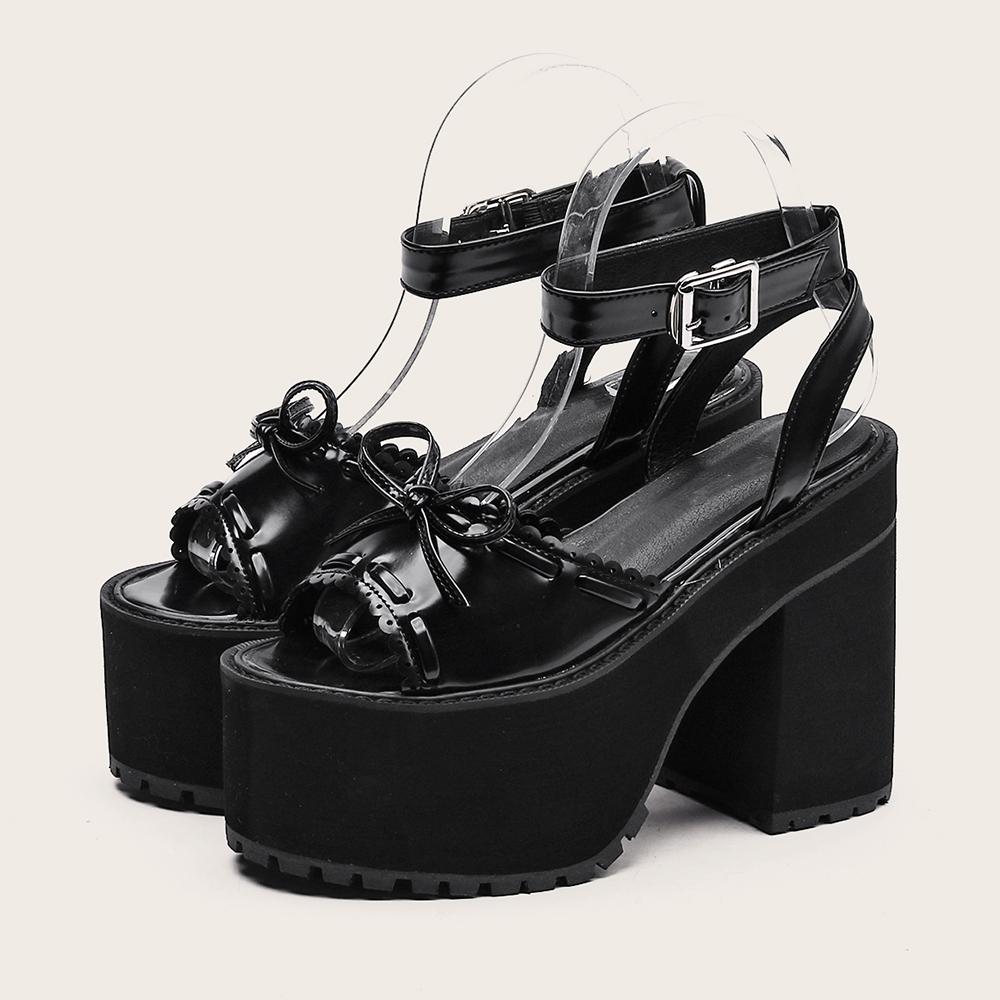 Gdgydh Platform Heels for Women Patent Leather Goth Platform Sandals Womens Chunky Heel Open Toe Ankle Strap Fashion Bowknot