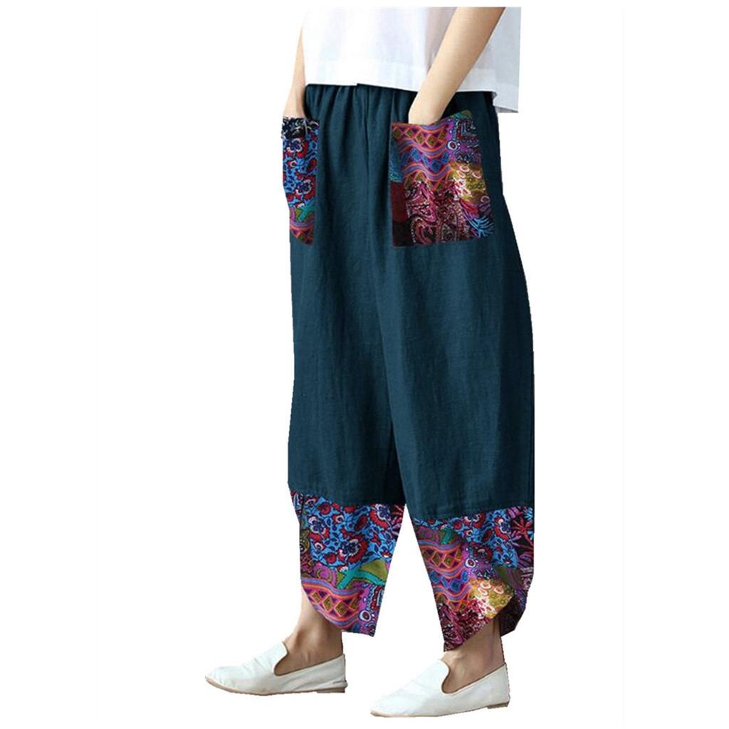 Women Casual Cotton Linen Print Patchwork Irregular Loose Wide Leg Pants