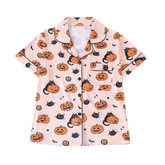 Halloween Pajama Sets for Women Button Down Short Sleeve 2 Piece Sleepwear Pumpkin Print Shirts And Shorts Pjs Lounge Set