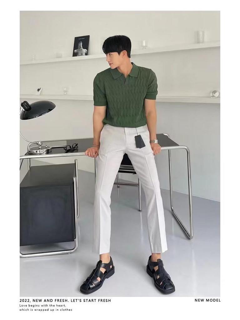 Men's Summer Korean Style Slim Fit Knitted Polo Shirt - Short-Sleeve, Solid Color, Ice Silk, Turn-Down Collar