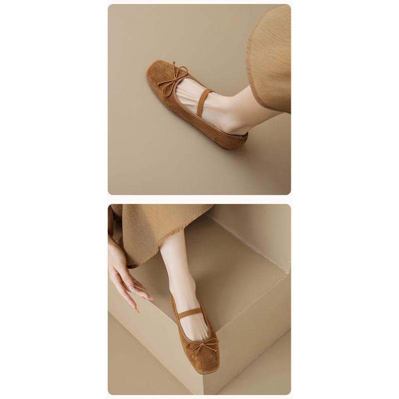 Square Head Single Shoes Women's Flat Retro One Word with Shallow Mouth Bow Ballet Shoes Soft Sole