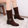 Suede Mid-Tube Boots Autumn New Pointed Toe Sleeve Belt Buckle Soft Sole Non-Slip Block Heel Skinny Boots