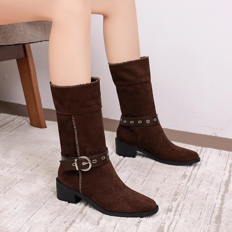 Suede Mid-Tube Boots Autumn New Pointed Toe Sleeve Belt Buckle Soft Sole Non-Slip Block Heel Skinny Boots