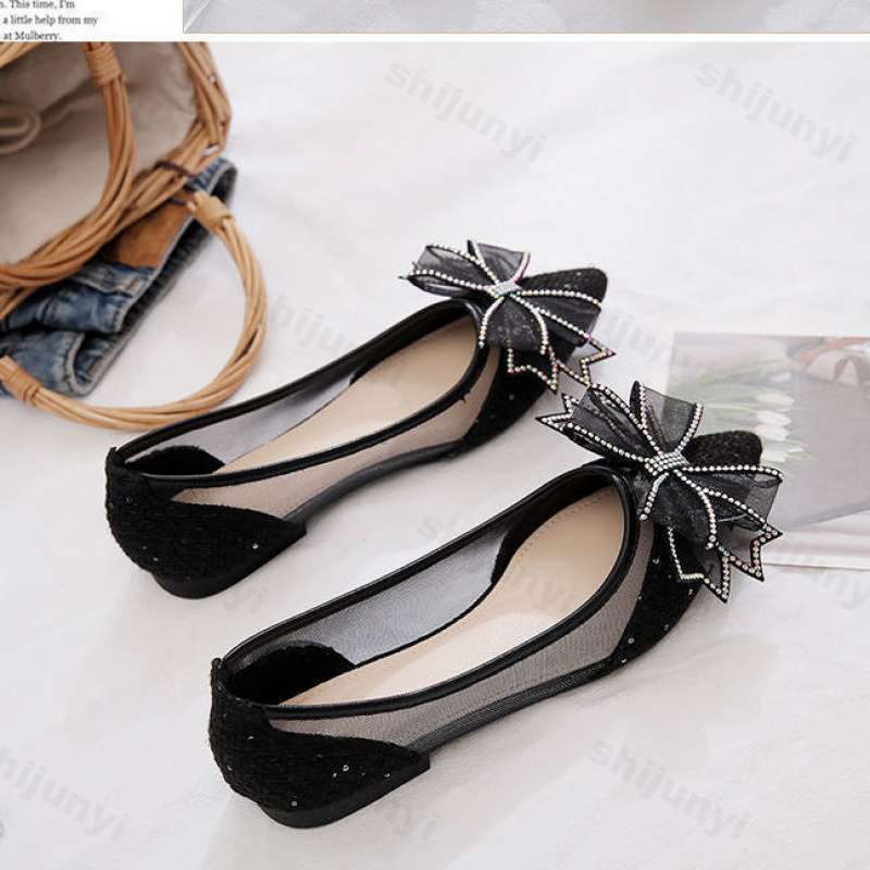 Fashion 2025 Summer Breathable Flat Heel Women's Scoop Shoes New Korean Edition Butterfly Knot Designed Mesh Pointed Casual Single Shoes