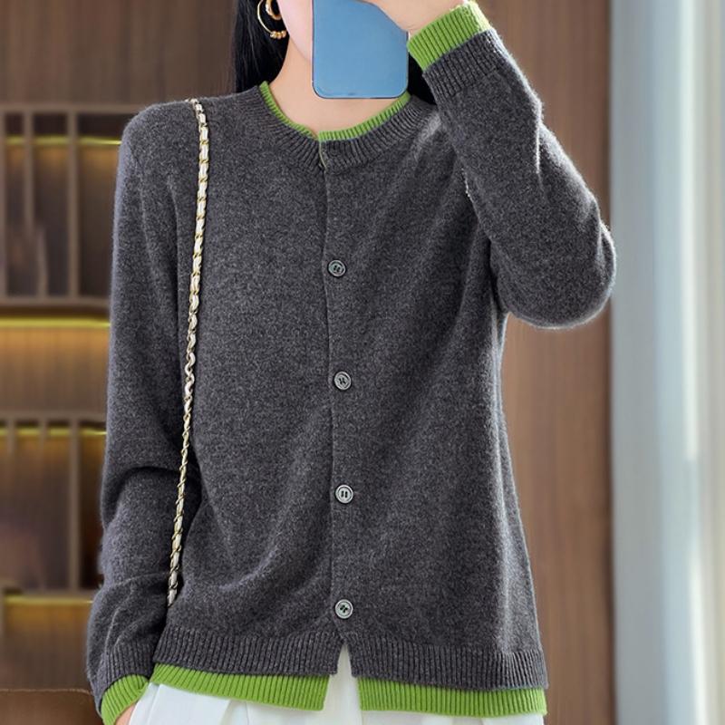 IHUASU Patchwork Wool Knitted Cardigan Women's Spring and Autumn Simple Versatile Bottoming Shirt Jumper Coat