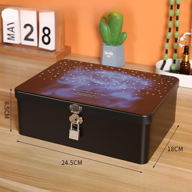 Tinplate Box with Lock Key Desktop Storage Box Cosmetics ID Storage Household Jewelry Empty Box