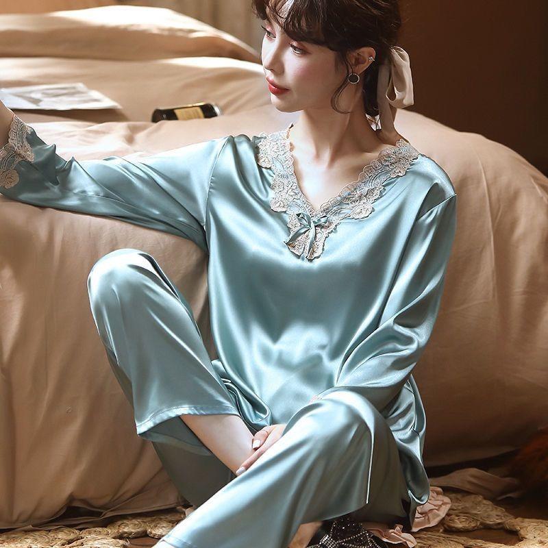 Spring and Autumn Ice Silk Long-sleeved Thin Women's Pajamas Sexy Korean Style Cute Spring and Summer Plus Size Two-piece Suit