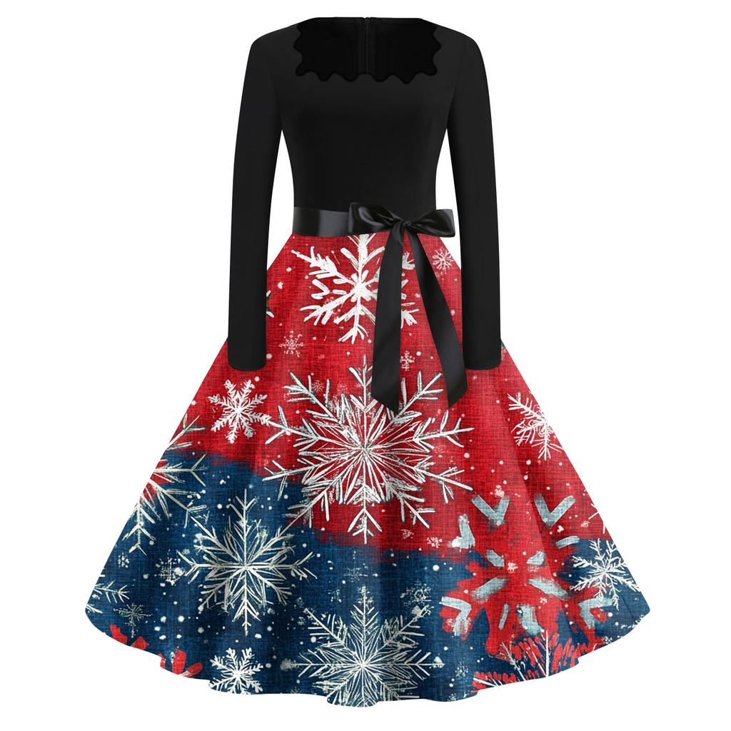 Women's Fashion Round Neck Casual Slim Christmas Printed Long Sleeve Dresses