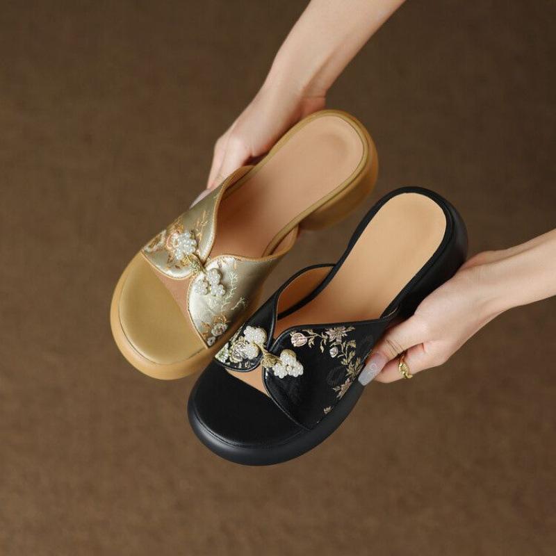 New National Style Chinese Soft Leather Open-toed Half-tow Thick-soled Thick-heeled Versatile Cool Slippers Women Wear One-word with High-heeled Sand