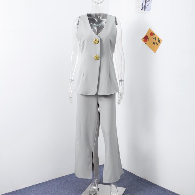 Casual V-Neck Vest Two-piece Suit Women Solid Button Sleeveless Tank Top High Waist Wide Leg Pants Slim Fit Office Lady Outfits