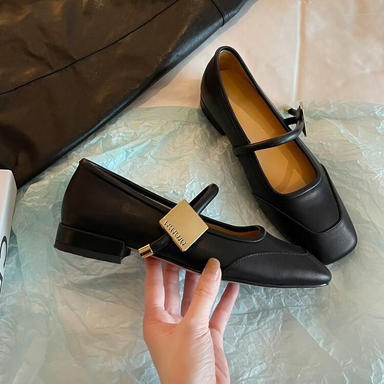 Main Promotion~ Xiao Miao Square Head Flat-soled Single Shoes 2025 First-layer Cowhide One-word Buckle Low-heeled Mary Jane Free Shipping