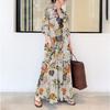 Summer Women Cotton Linen Printed Dresses Lapel Long Sleeved Pocket Simple Loose Casual Long Shirt Dress