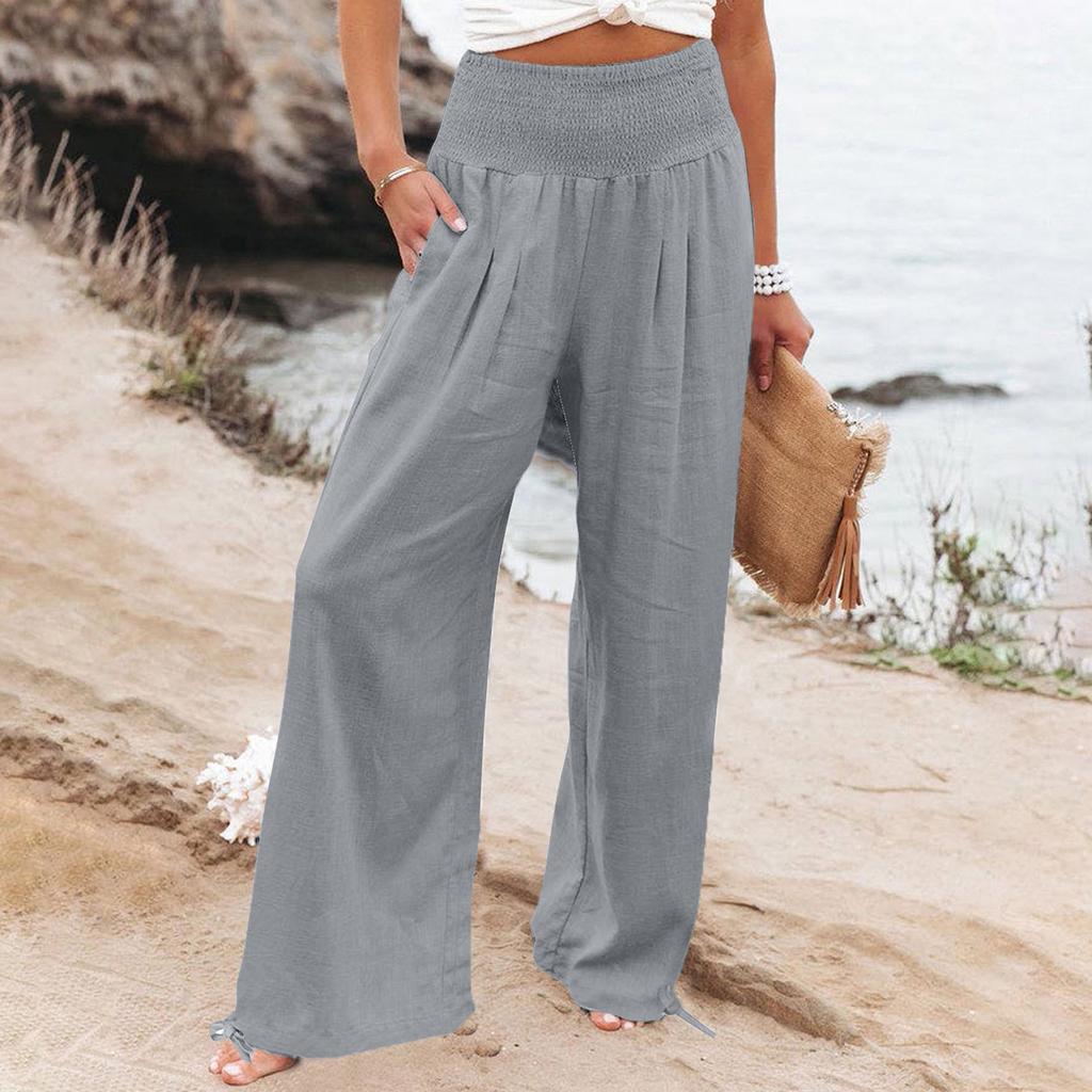 Women's 9-pant Casual Loose High Waist Cotton Linen Wide Leg Long Pants With Pockets