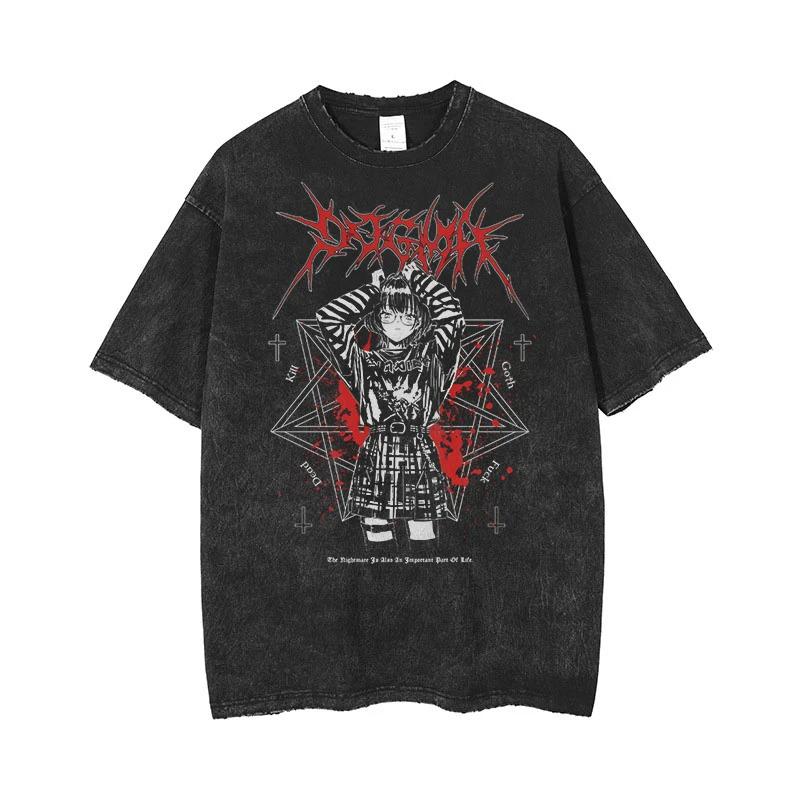 Anime Women's T-Shirt Gothic Printed T-Shirt Hip Hop Streetwear Punk Summer Vintage Washed Oversized Top Women's Clothing