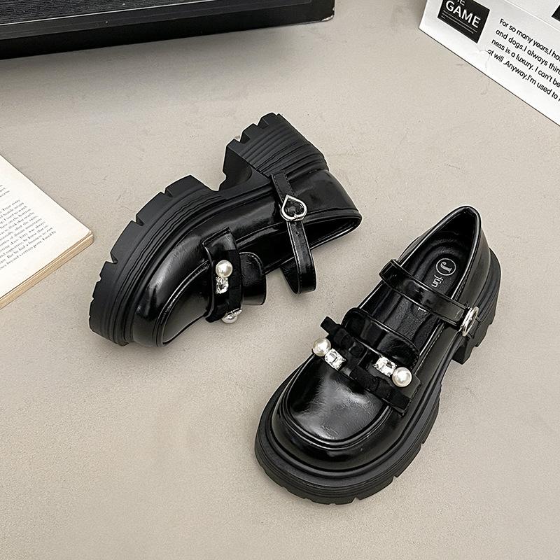 Platform British Style Small Leather Shoes Women's Versatile Single Shoes Bow One-word Buckle Japanese Jk Shoes Heightening Thick Heel Loafers
