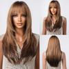 Long Brown Straight Layered Wig with Bangs Natural Looking Soft Synthetic Wigs Daily Party Use Fake Hair High Temperature Fiber