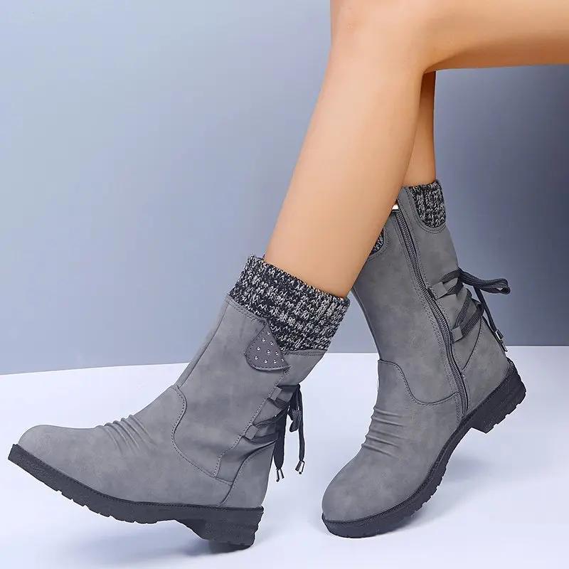 Fashion Women Retro Warm Woolen Boots Winter Fashion Lace Up Platform Causal Cotten Shoes Fluffy Plush Suede Anti-cold Short Snow Boots