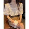 Summer Chiffon Shirt with A Niche Design, Loose Fit, Belly Covering, Short Style, Square Neck, Bubble Sleeve Top for Women