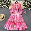 Summer Holiday Flower Long Maxi Dress Women's V Neck Lantern Sleeve Floral Printing Big Swing Chiffon Boho Robe Vestidos 2085