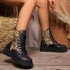 Large Size 2024 New Lace-up Thick Bottom Fashion Versatile Temperament Lace-up Color Matching Leopard Print High Fashion Boots Women