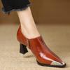 French Metal Pointed Niche Temperament Thick Heel Single Shoes Retro Elegant Versatile Deep Mouth Side Zipper Fashion Small Leather Shoes