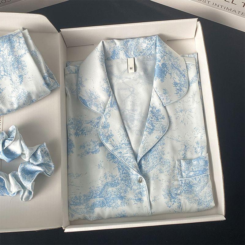 Women Pajamas Set Luxury Sleepwear Print Smooth Faux Silk Pajama Set Home Clothe Nightclothes Summer Outfits