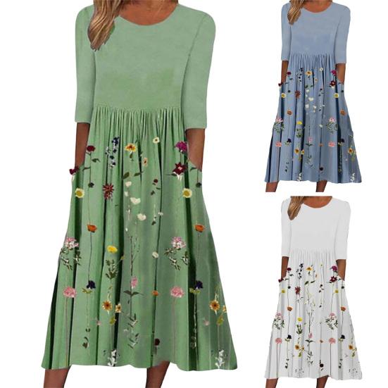 Women's Summer Flowy Midi Dress Boho Floral Pleated Dress with Pockets Casual Half Sleeve Crew Neck Swing Dress