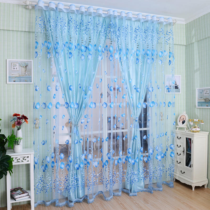 Tulip Flower Sheer Window Curtain Beads Tassel Door Scarf Drapes Valance Home Supplies