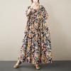 Summer Literature Retro Loose Large Print Medium To Long Short Sleeve Dress for Women Casual Dresses