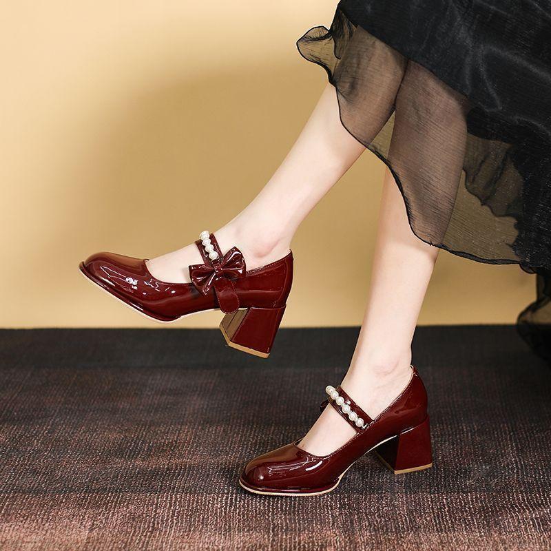 High Heels Versatile Mary Jane Women's Shoes 2025 New with Skirt Burgundy Gentle French Leather Shoes Spring and Autumn Single Shoes