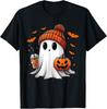 Cute Ghost Drinking Ice Coffee Halloween Pumpkin Mens Womens Unisex T-Shirt