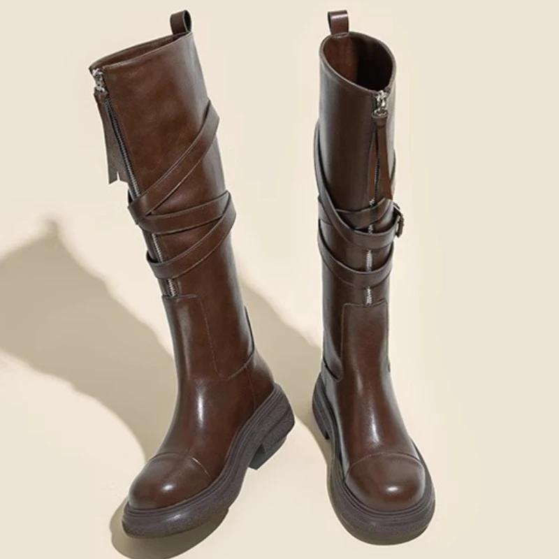 2024 Hot Sale Ladies Shoes Zipper and Buckle Knee-High Women's Boots Autumn Solid Low Heels Korean Version Fashion High Boots