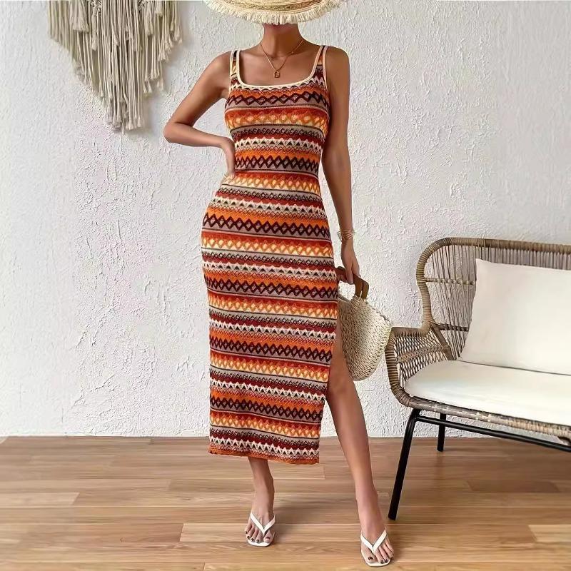 Spring Women's Personality Street Fashion Casual Striped Sleeveless Square Neck Dress