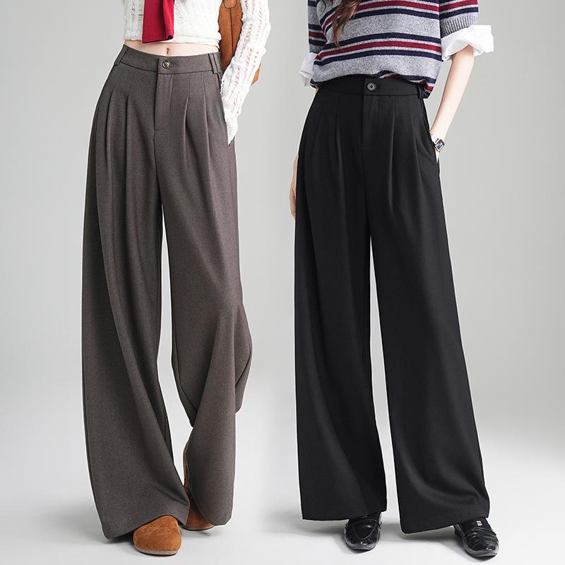 2025 Autumn Women's High Waist Grey Wool Wide-Leg Trousers - Korean Style, Floor-Length, Relaxed Fit