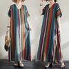 New Women 2025 Plus Size Summer Long Casual Stripe Dress Cotton Linen Vintage Loose Basic Dress Maxi