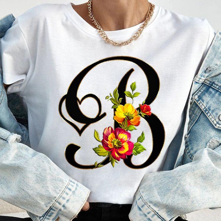 Custom Name Letter Combination Tops Fashion Women T-Shirt Rose Flower Heart Letter Font A B C D Short Sleeve Tees Black T-Shirt