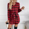 Women Summer Plaid Long Sleeve Dress High Waist A-Line V-Neck Lace Up Short Dress S-XL Spring Fashion