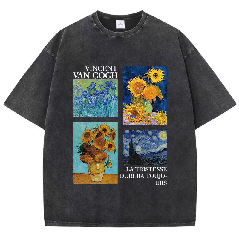 Cotton Women Acid Wash T-Shirts Van Gogh La Tristesse Durera Toujours Prints Tees Oversize O-Neck Distressed Tops